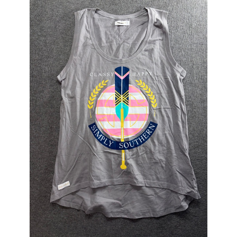 Simply Southern Gray Classy Happy Paddle Graphic Tank Top Small High Low Hem